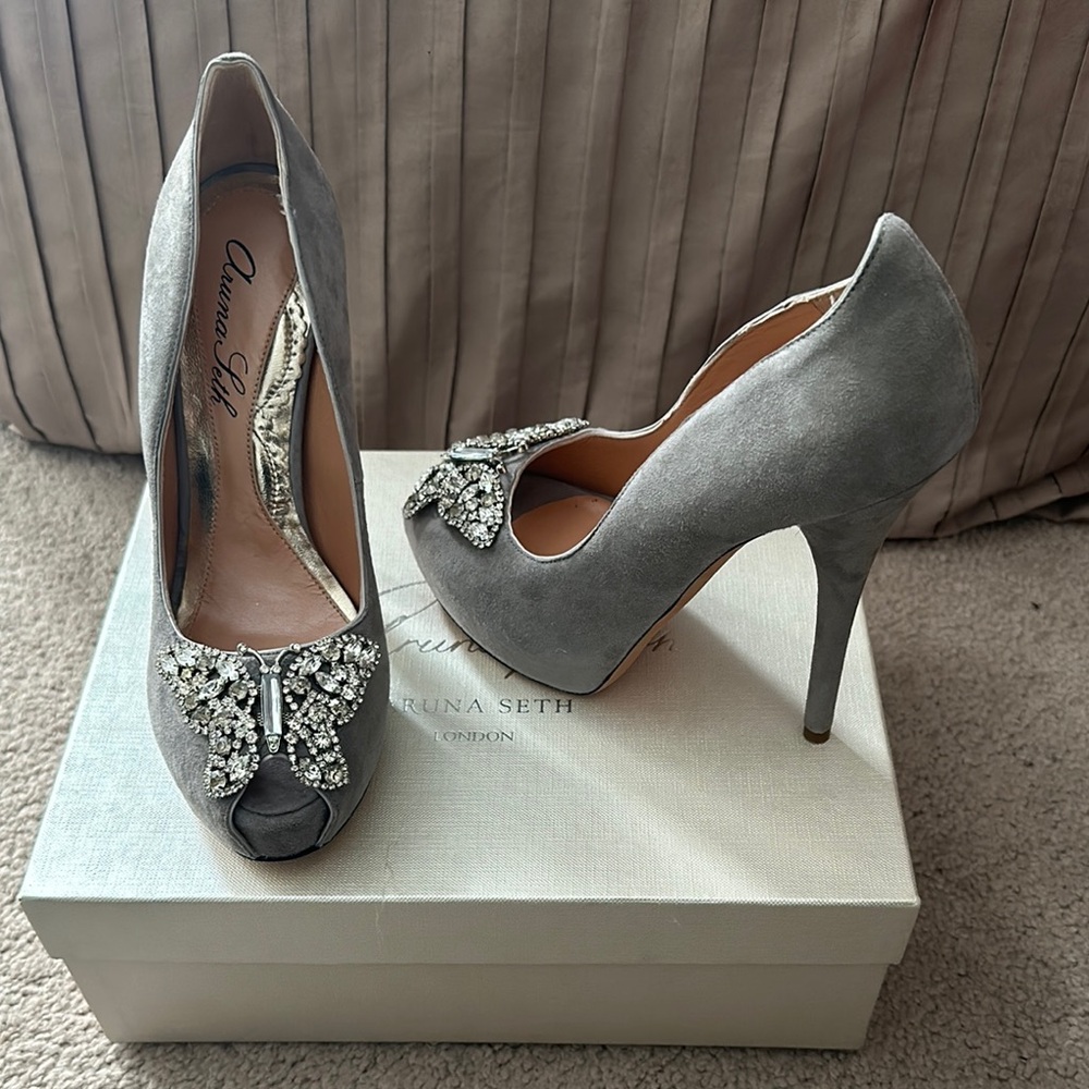 Gray Peep-Toe Heels with Crystal Bow